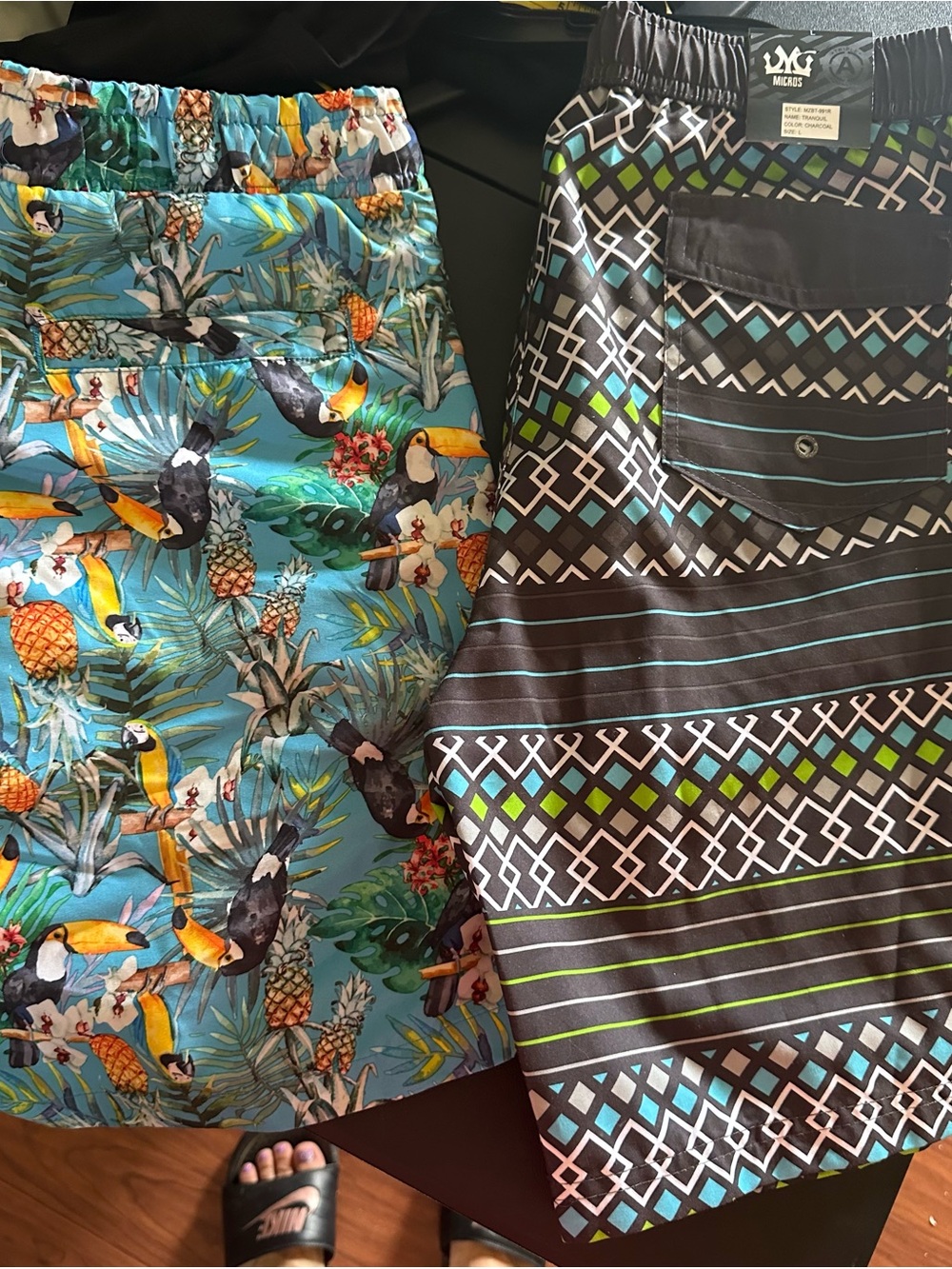 Men's Tropical Toucan & Geometric Swim Trunks - Blue, Black, Green